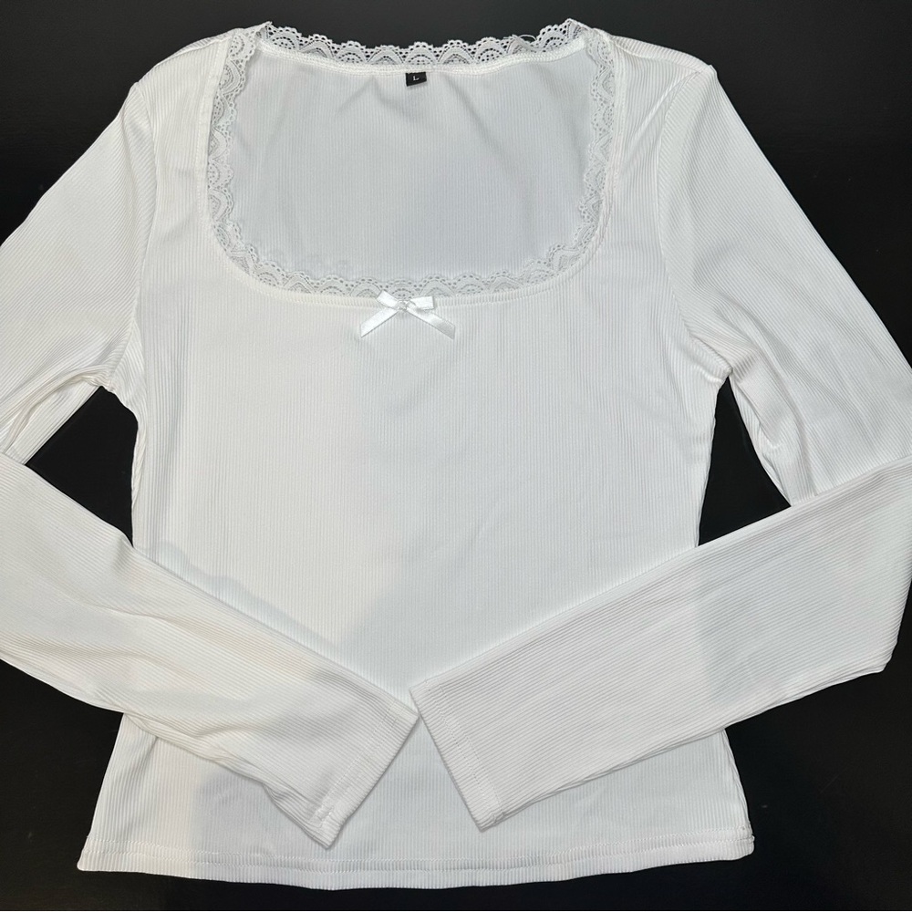 White Long Sleeve Lace Trim Babydoll Top